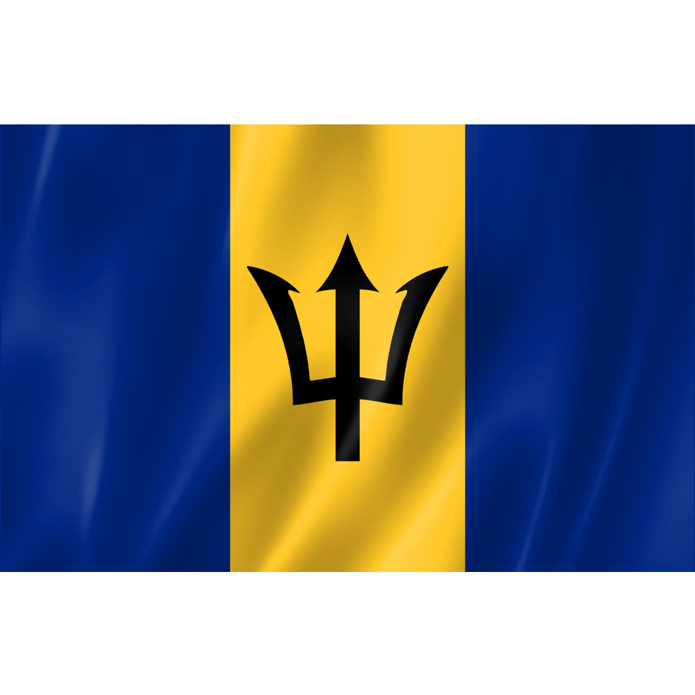 Drapeau de la Barbade bleu or noir avec trident – polyester haute qualité, format 2:3, coutures renforcées, usage extérieur