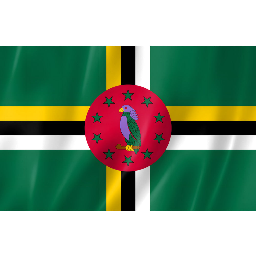 Drapeau de la Dominique vert avec croix jaune blanche noire et perroquet Sisserou – polyester format 2:3, usage extérieur, renforcé