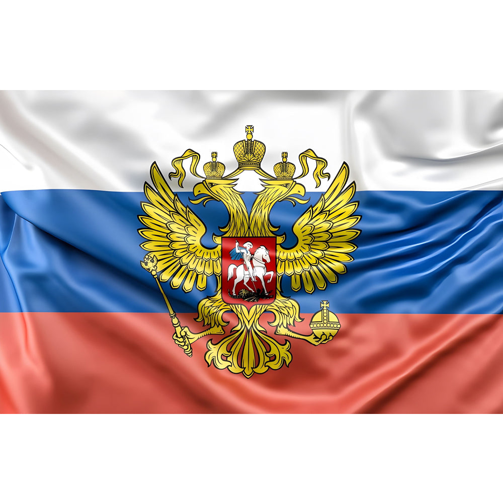 Drapeau tricolore de la Russie avec armoiries officielles au centre, représentant un aigle bicéphale doré sur fond blanc, bleu et rouge.