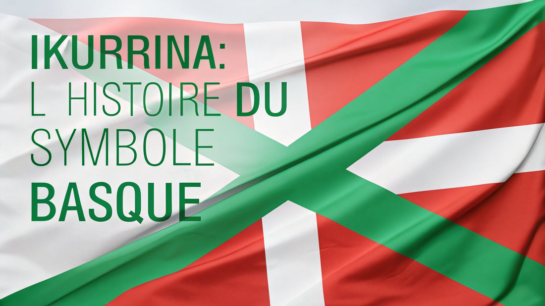 Image de couverture de blog représentant le drapeau basque Ikurriña flottant au vent, avec le texte 'Ikurriña : l’histoire d’un symbole basque', sur fond moderne inspiré de la culture basque.