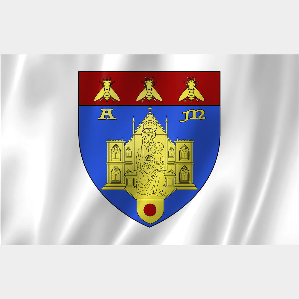 Drapeau de Montpellier – blason Vierge à l’enfant, abeilles dorées, fond blanc, polyester résistant format 2:3