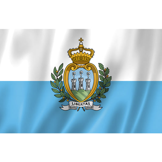 Drapeau de Saint-Marin blanc et bleu avec armoiries – polyester haute qualité, coutures renforcées, usage intérieur extérieur