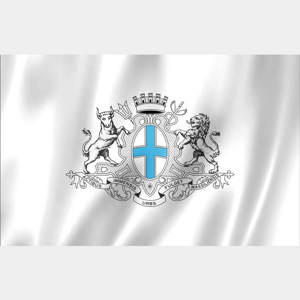 Drapeau de Marseille – croix bleue, lion, taureau, devise latine sur fond blanc, format 2:3, polyester