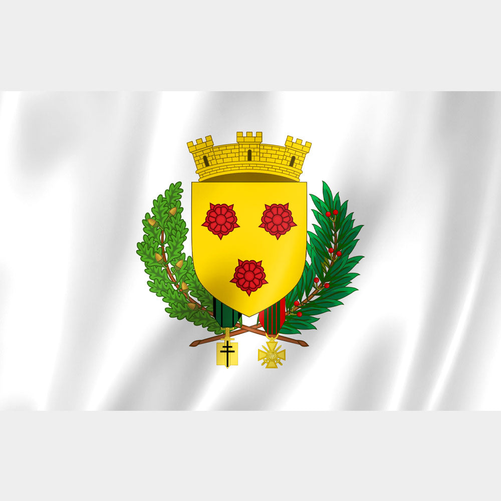 Drapeau de Grenoble – blason doré à trois roses rouges, décoré de la Croix de la Libération et Croix de Guerre, 
