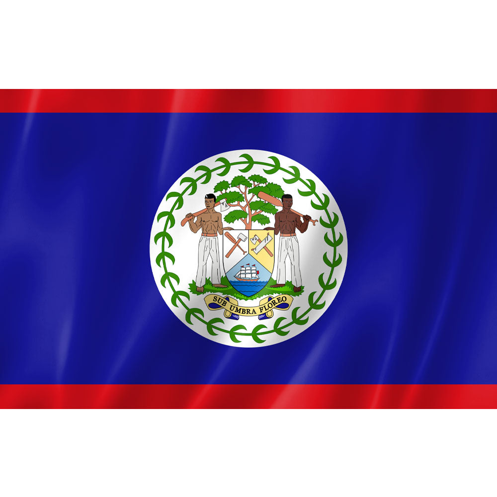 Drapeau du Belize bleu rouge avec blason central. Polyester résistant, format 2:3. Idéal usage extérieur, déco, événements ou collection caribéenne.