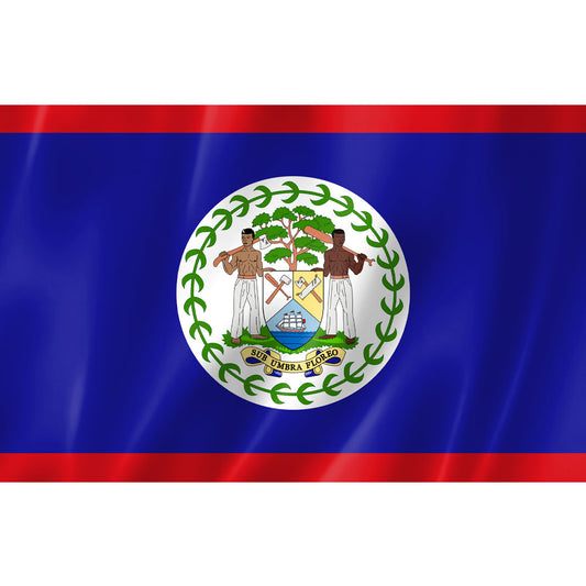 Drapeau du Belize bleu rouge avec blason central. Polyester résistant, format 2:3. Idéal usage extérieur, déco, événements ou collection caribéenne.