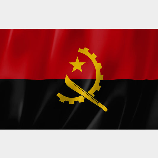 Drapeau de l’Angola rouge et noir avec emblème doré flottant au vent