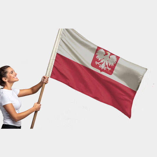 Drapeau officiel de la Pologne avec armoiries – aigle blanc couronné, bandes rouge et blanche, polyester 2:3, usage extérieur ou protocolaire