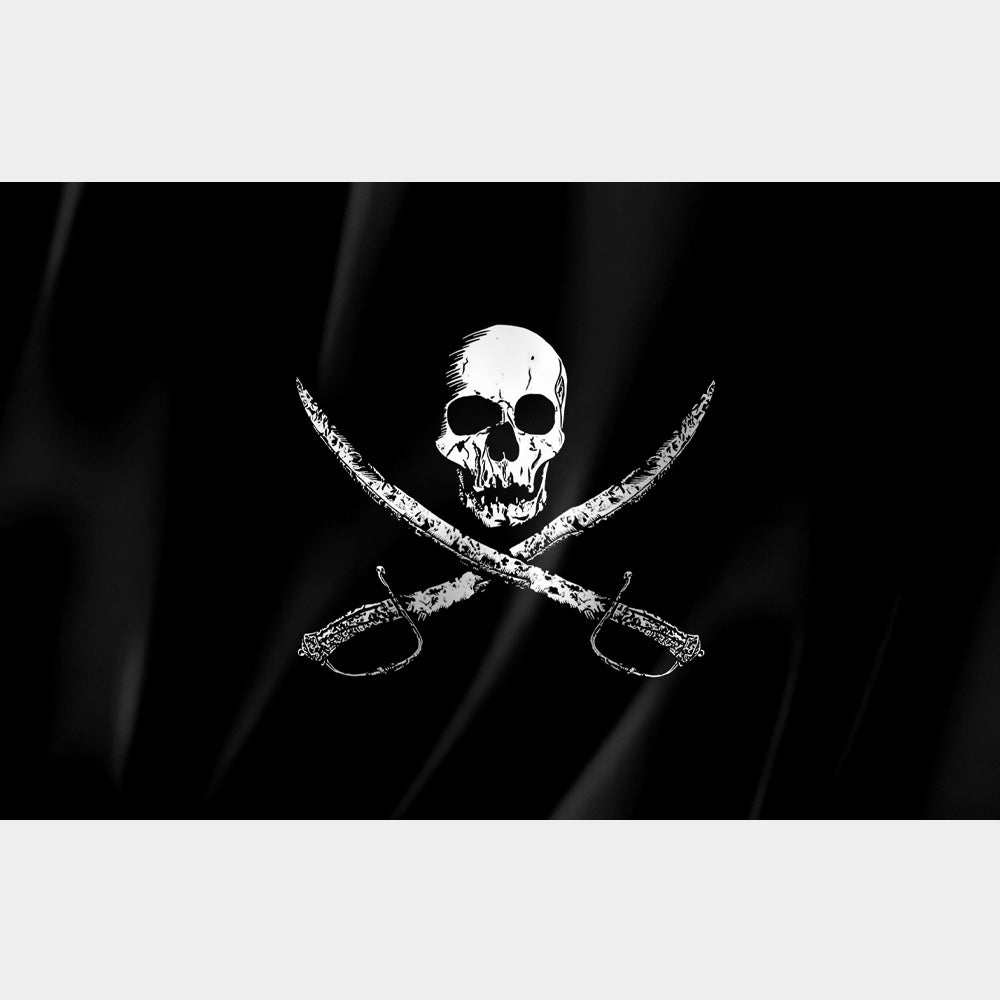 Drapeau pirate noir avec crâne et sabres croisés – design classique style Jolly Roger usé