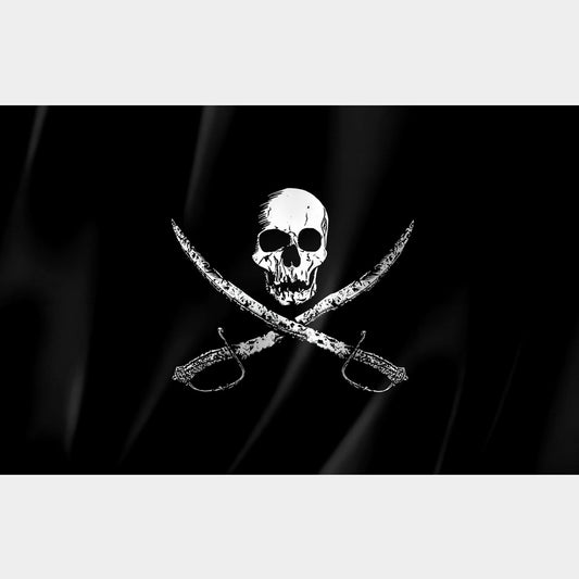 Drapeau pirate noir avec crâne et sabres croisés – design classique style Jolly Roger usé