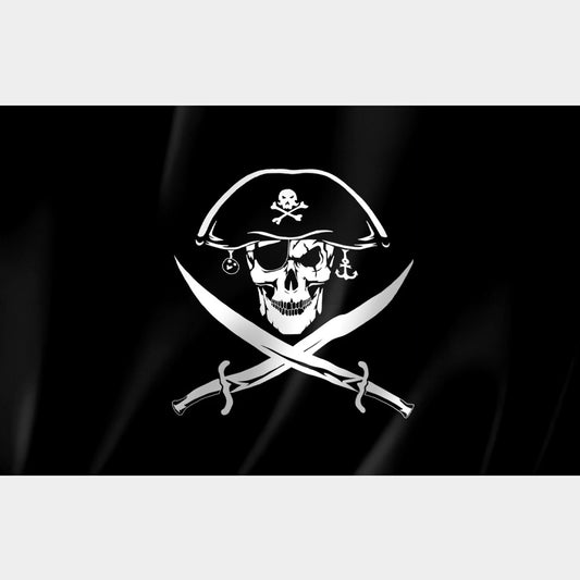 Drapeau pirate noir avec crâne au tricorne, cache-œil et sabres croisés – style classique Jolly Roger