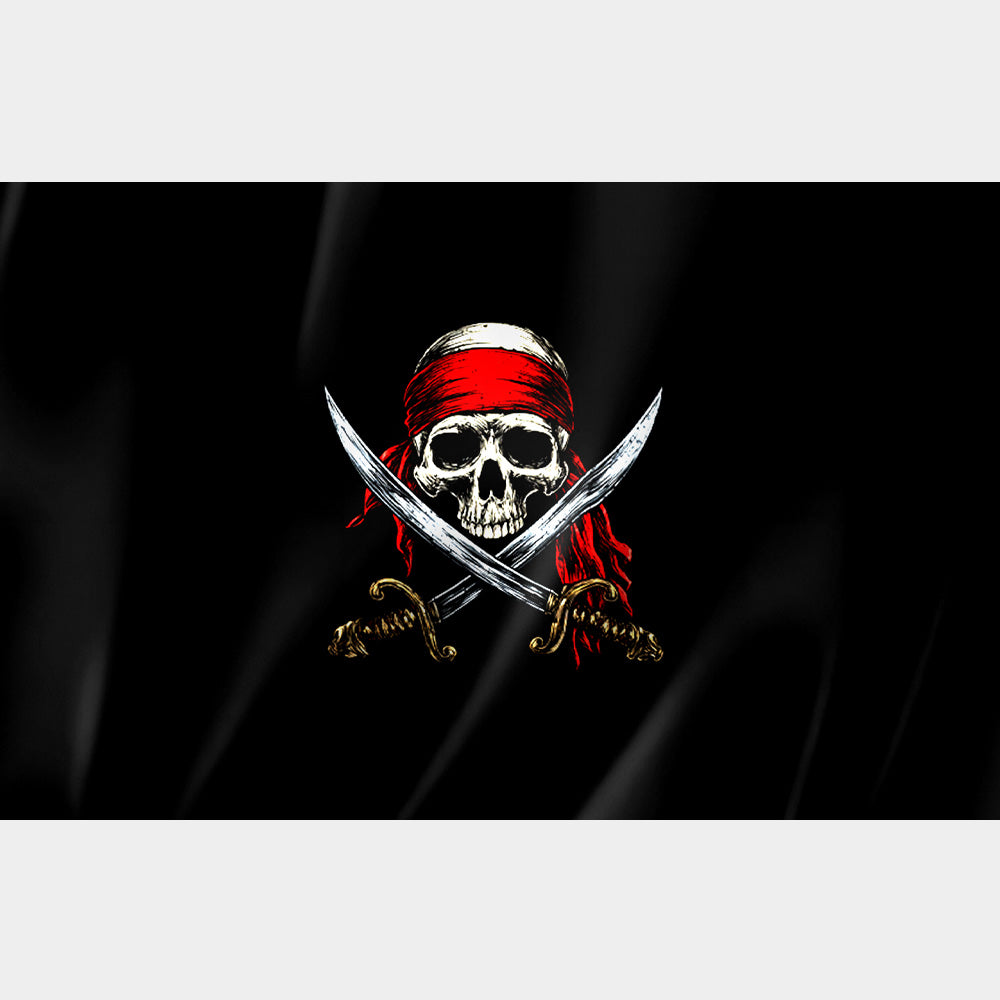 Drapeau Pirate avec Crâne, Bandana Rouge et Sabres Croisés