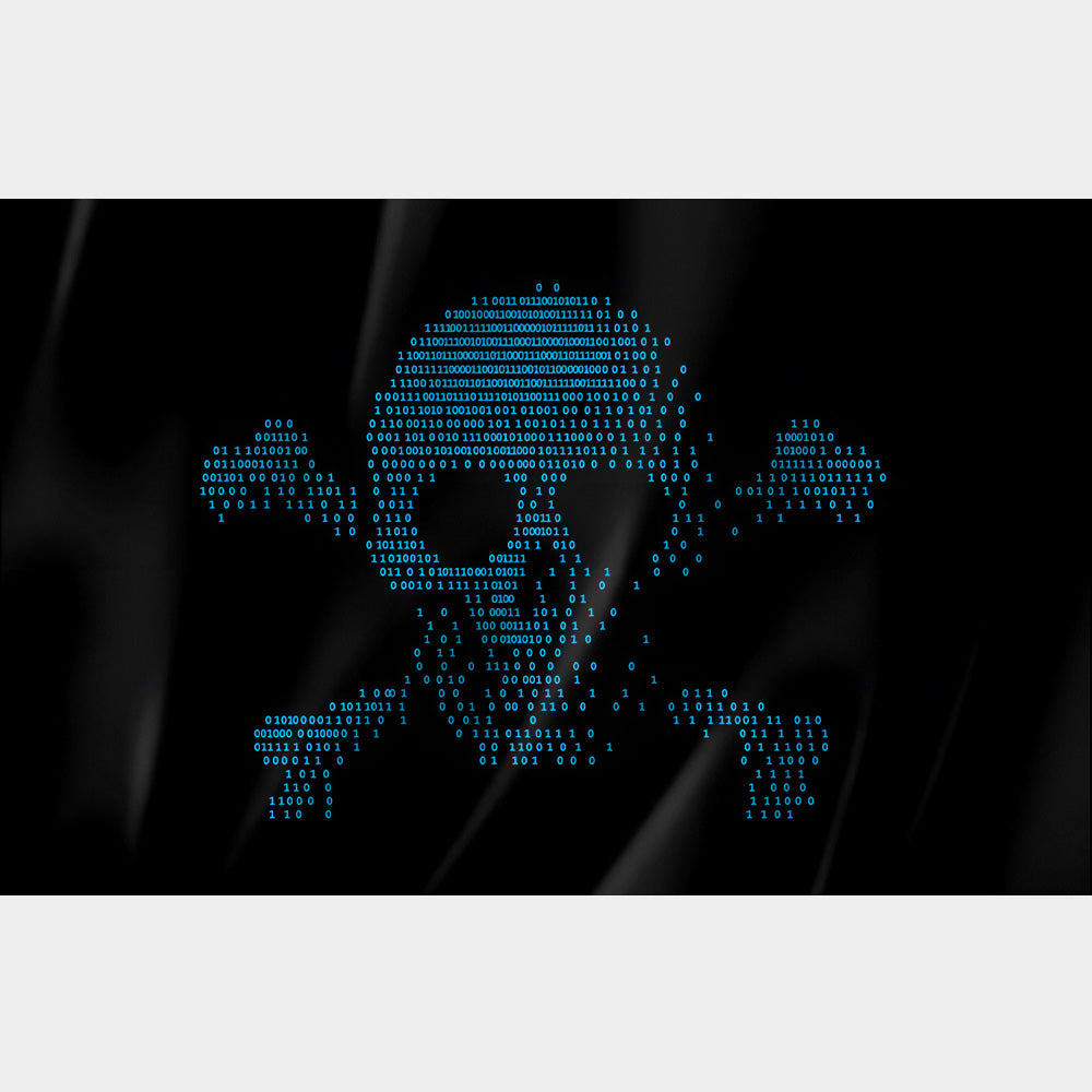 Drapeau pirate binaire – tête de mort en code 0 et 1, style hacker et cyberpiraterie, polyester résistant