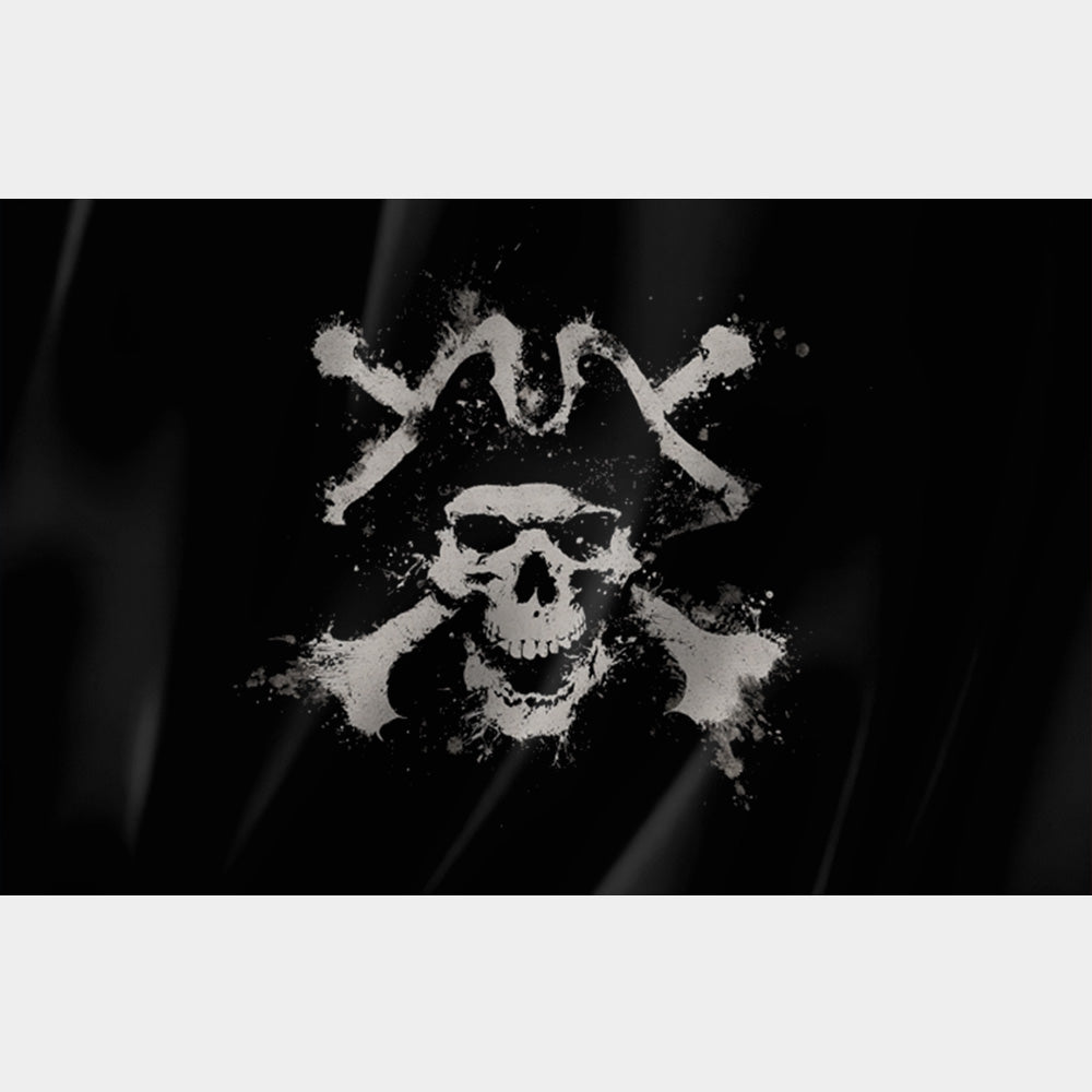 Drapeau pirate artistique style Rorschach – crâne éclaté noir et blanc avec effets d’encre