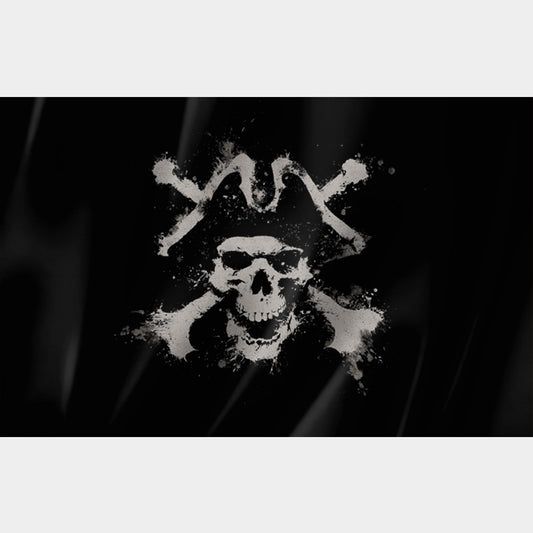 Drapeau pirate artistique style Rorschach – crâne éclaté noir et blanc avec effets d’encre