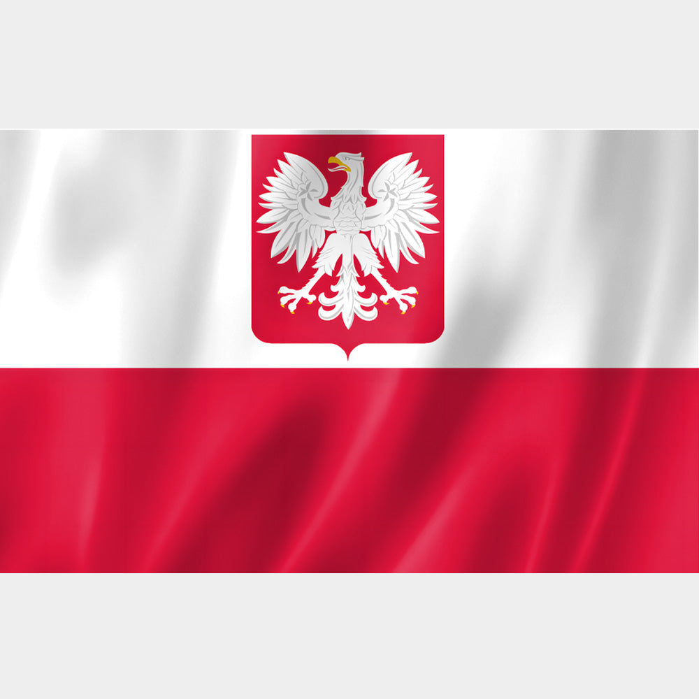 Drapeau  Pologne avec aigle blanc couronné, bandes rouge et blanche, polyester 2:3, usage extérieur ou protocolaire