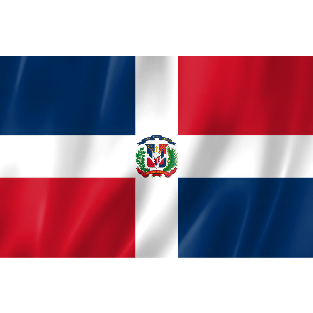 Drapeau de la République dominicaine bleu rouge blanc avec blason – polyester, format 2:3, coutures renforcées, usage extérieur