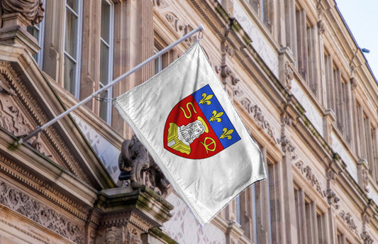 Drapeau de la ville de Limoges – saint Martial, lys royaux, fond blanc et blason rouge, format 2:3, polyester résistant