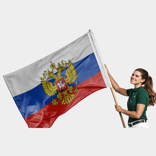 Drapeau tricolore de la Russie avec armoiries officielles au centre, représentant un aigle bicéphale doré sur fond blanc, bleu et rouge.