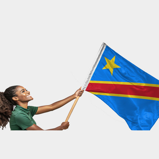 Drapeau de la République Démocratique du Congo bleu ciel avec bande rouge et étoile jaune – polyester format 2:3, usage extérieur