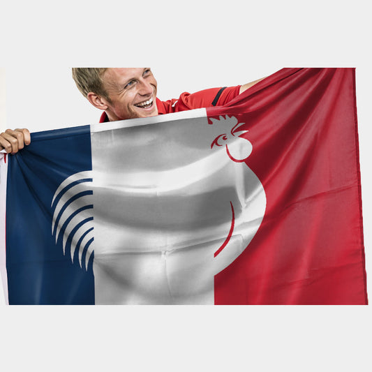 Drapeau tricolore bleu blanc rouge avec coq gaulois stylisé – emblème patriotique moderne de la France