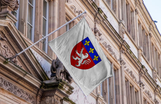 Drapeau de la ville de Lyon – lion blanc sur fond rouge, fleurs de lys dorées, format 2:3, polyester, usage extérieur ou événement patrimonial