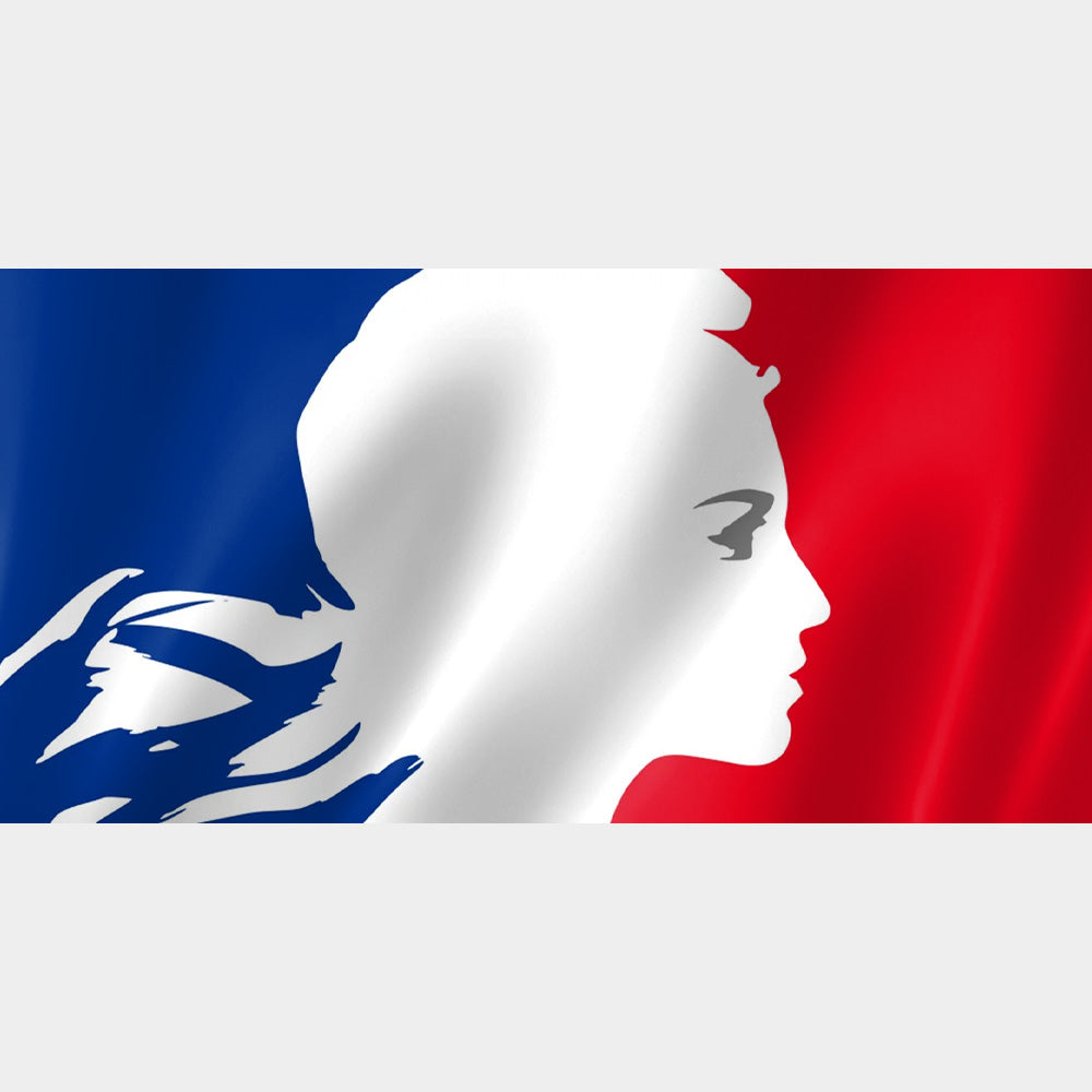 Drapeau de la France avec Marianne – tricolore bleu blanc rouge avec visage républicain, format 2:3, polyester extérieur