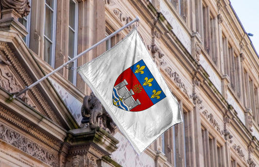 Drapeau de la ville de Lavaur – blason croix occitane, forteresse, ancre dorée et fleurs de lys, polyester, format 2:3